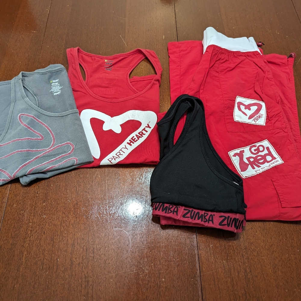 Zumba LOT Vintage Go Red Pants,Tops and bra activewear fitness XL.